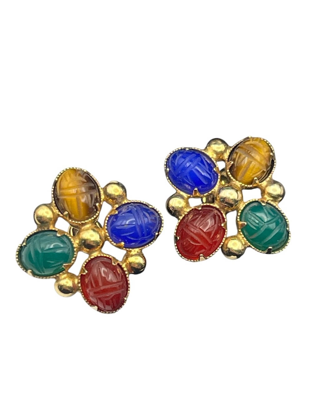 Scarab gold filled Bal-Ron multi colored beetle screw back earrings vintage